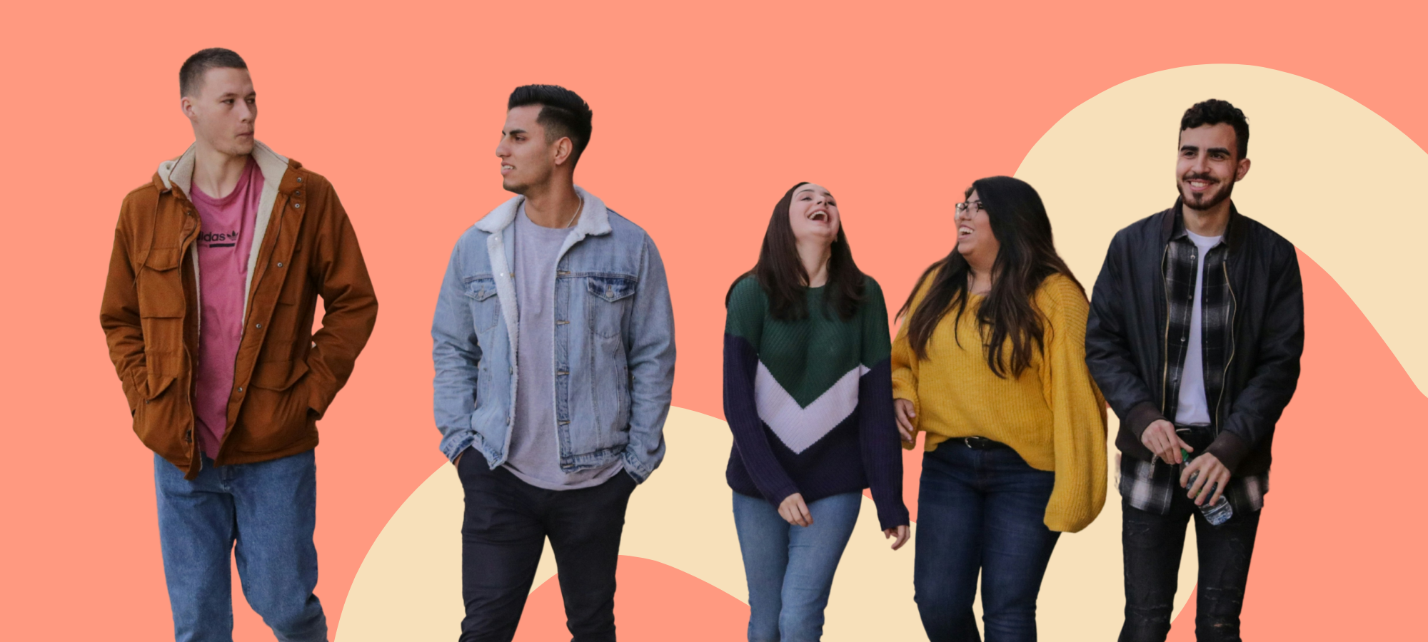 An orange background behind five casually-dressed young people walking, talking, and laughing.