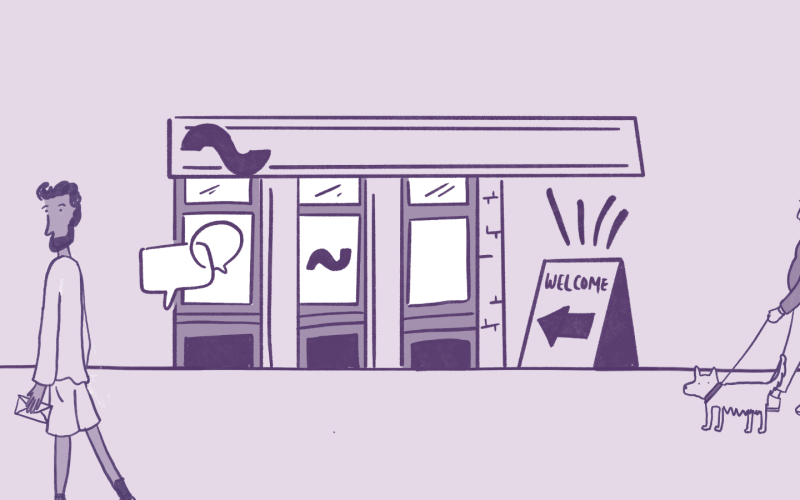 A purple hand-drawn illustration showing people walking and talking outside a building branded with the Everyturn logo.