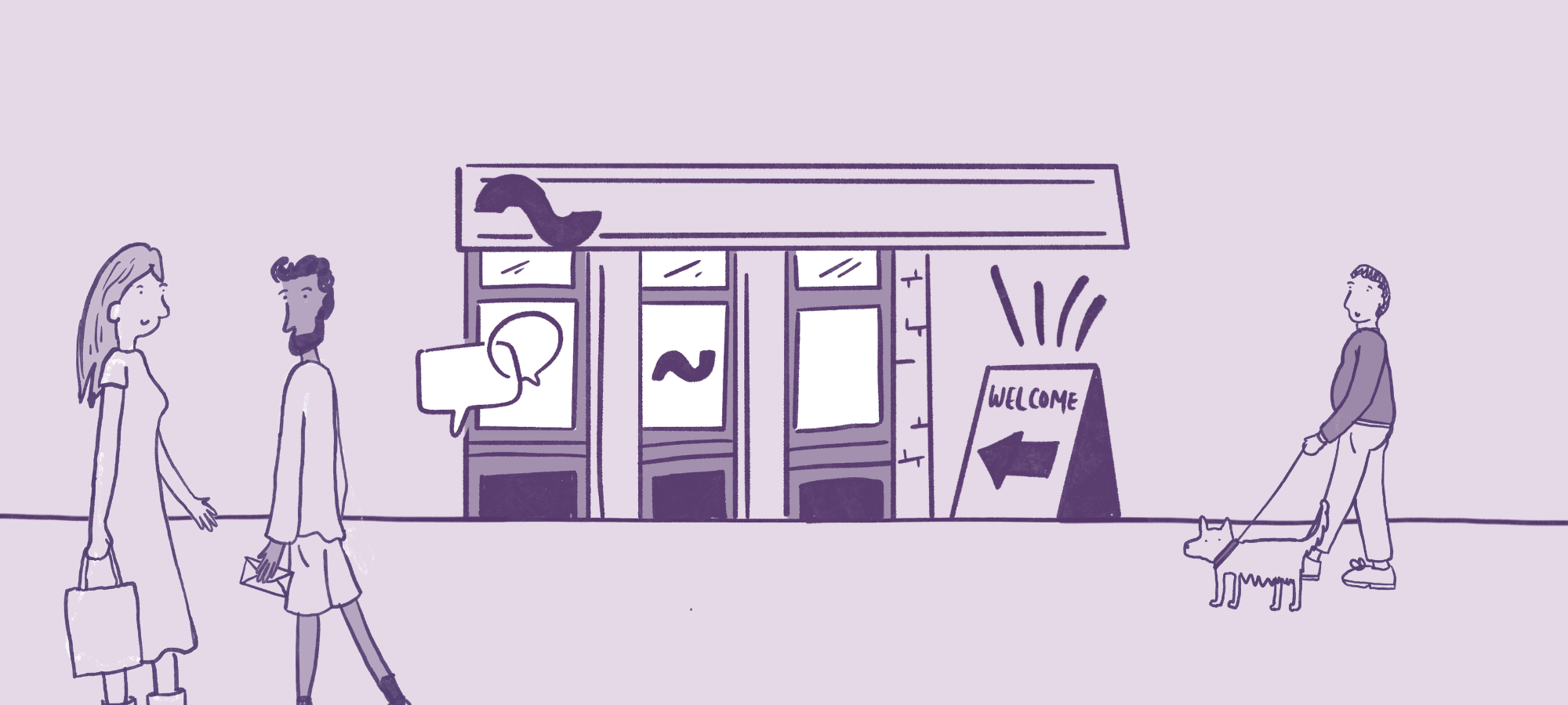 A purple hand-drawn illustration showing people walking and talking outside a building branded with the Everyturn logo.